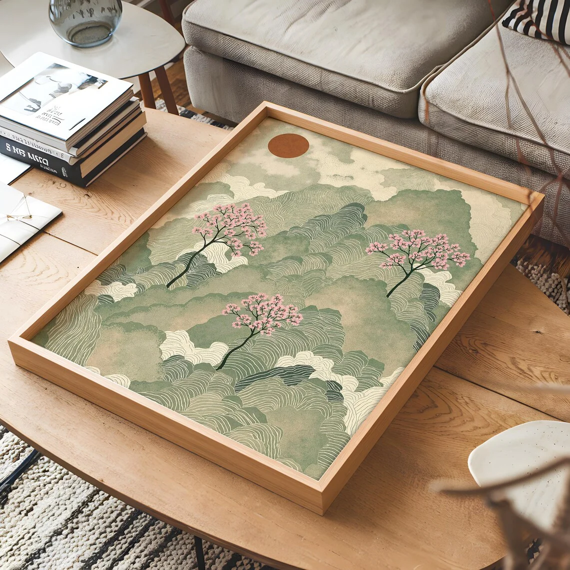 Vintage Ukiyo-E Inspired Landscape Wall Print Decor - Stylized Illustration of Rolling Green Mountains, Wavy Cloud Patterns and image 3