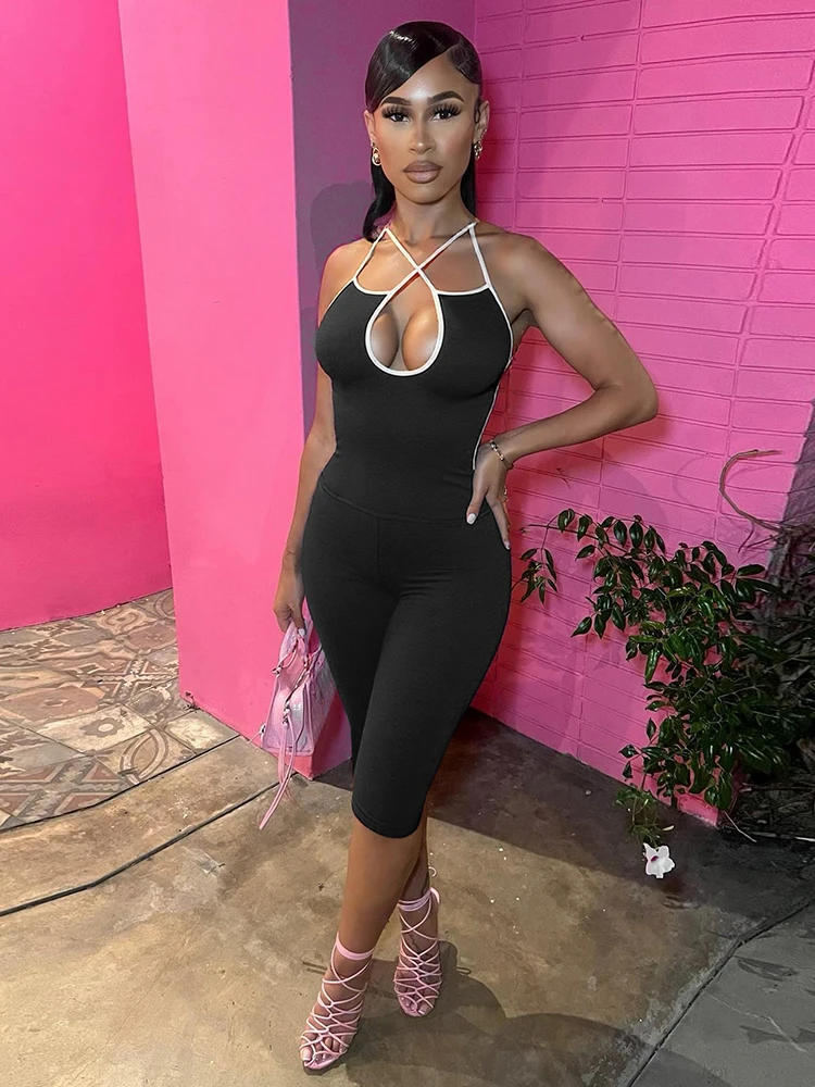 Macheda カジュアルスポーティ 2 点セット女性コントラストレースアップホルター背中の開いたキャミソール + スキニーストレッチパンツシンプルなファッショントラックスーツ