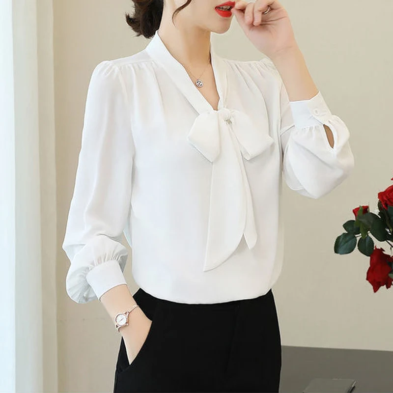 Spring Autumn Elegant Fashion Office Lady Button Up Shirt Chic Bow Solid Loose Long Sleeve Chiffon Blouse Top Women Blusas Mujer