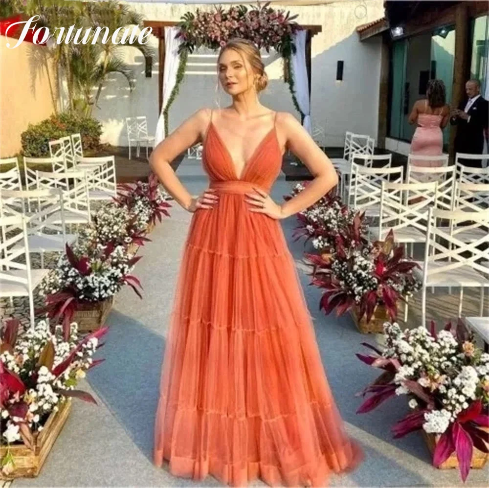 Vestidos de Fiesta largos de tul escalonados con tirantes finos, vestidos de noche sin espalda con cuello de pico profundo, Rosa rubor