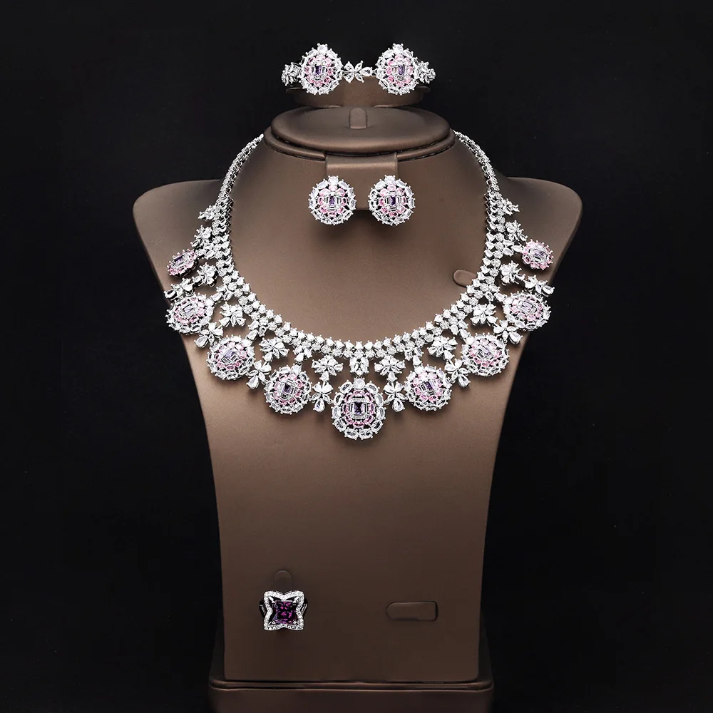 HIBRIDE Vintage Deluxe Set Necklace and Earrings and Bracelet Jewelry Suitable for Wedding Bridal Party Zircon Gift S-1336