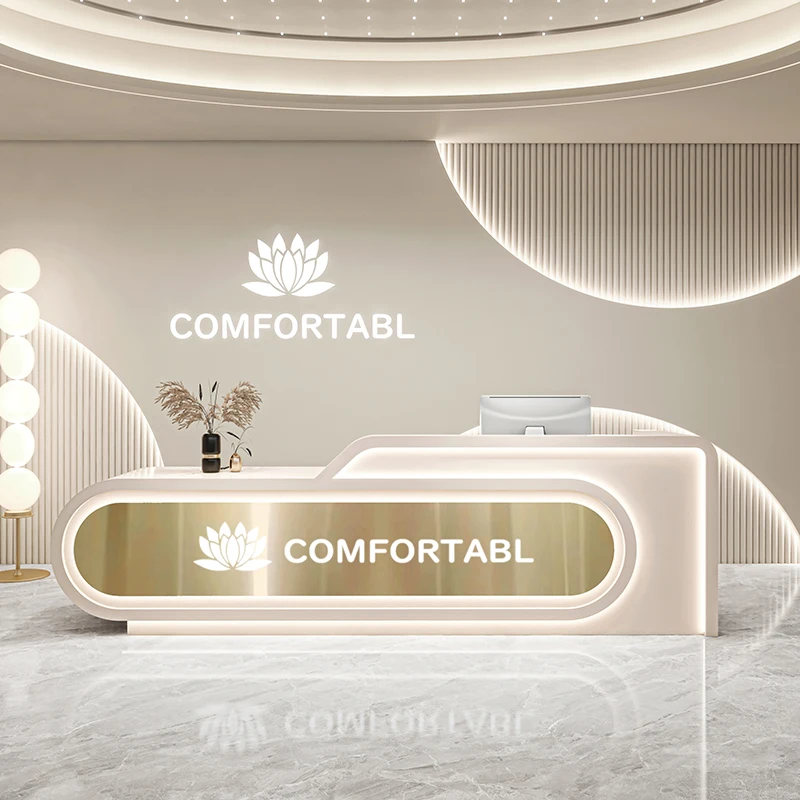 

Simple Checkout Chinese Style White Front Desk Reception Counter Design Shaped Beauty Salon Long Mostrador De Tienda Furniture