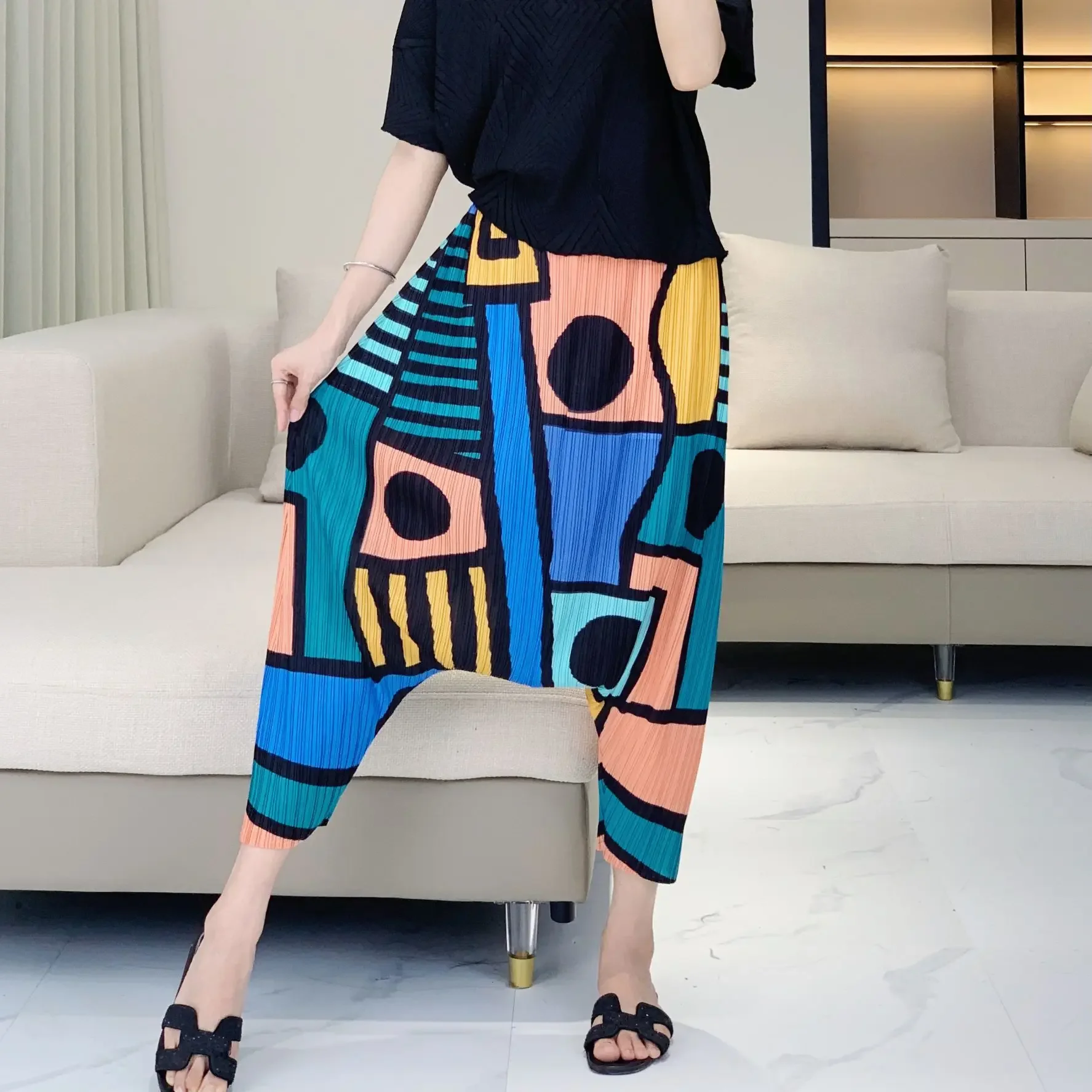 

High-end Pleats Pleated Printing Mid-high Waist Crotch Trousers Casual Versatile Thin Nine-minute Trousers Female Summer New