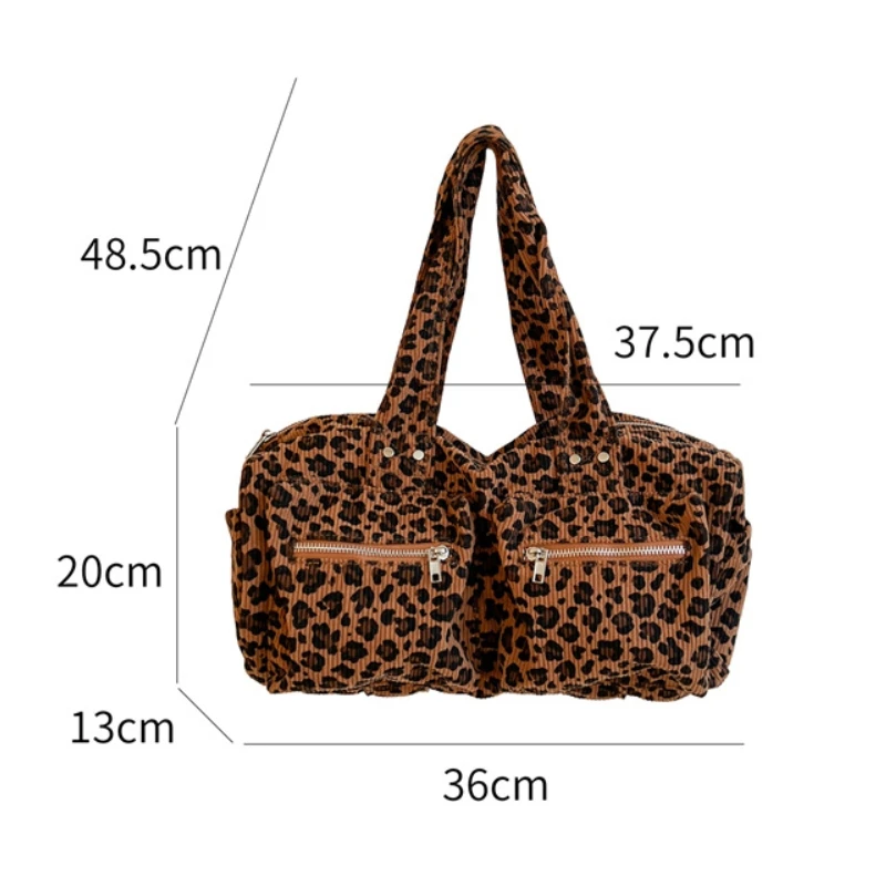 Winter/autumn New Corduroy Leopard Print Pattern Shoulder Bag Retro Style Fashionable Multiple Pockets Striped Underarm Bag