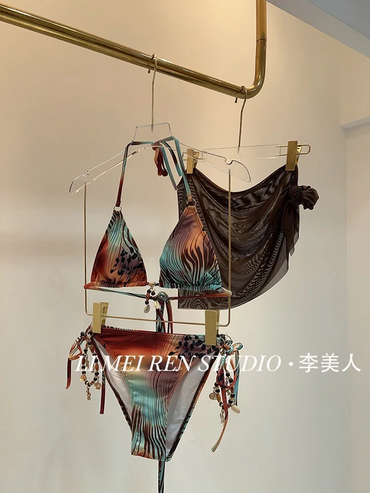New Handmade beaded sexy strap printed bikini swimsuit women's set