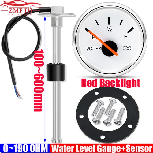 Sensor de flotador de agua de 0-190Ohm + indicador de nivel de agua LED de Color rojo indicador de medidor de tanque de agua de 52mm para coche marino RV Camper yate 9-32V