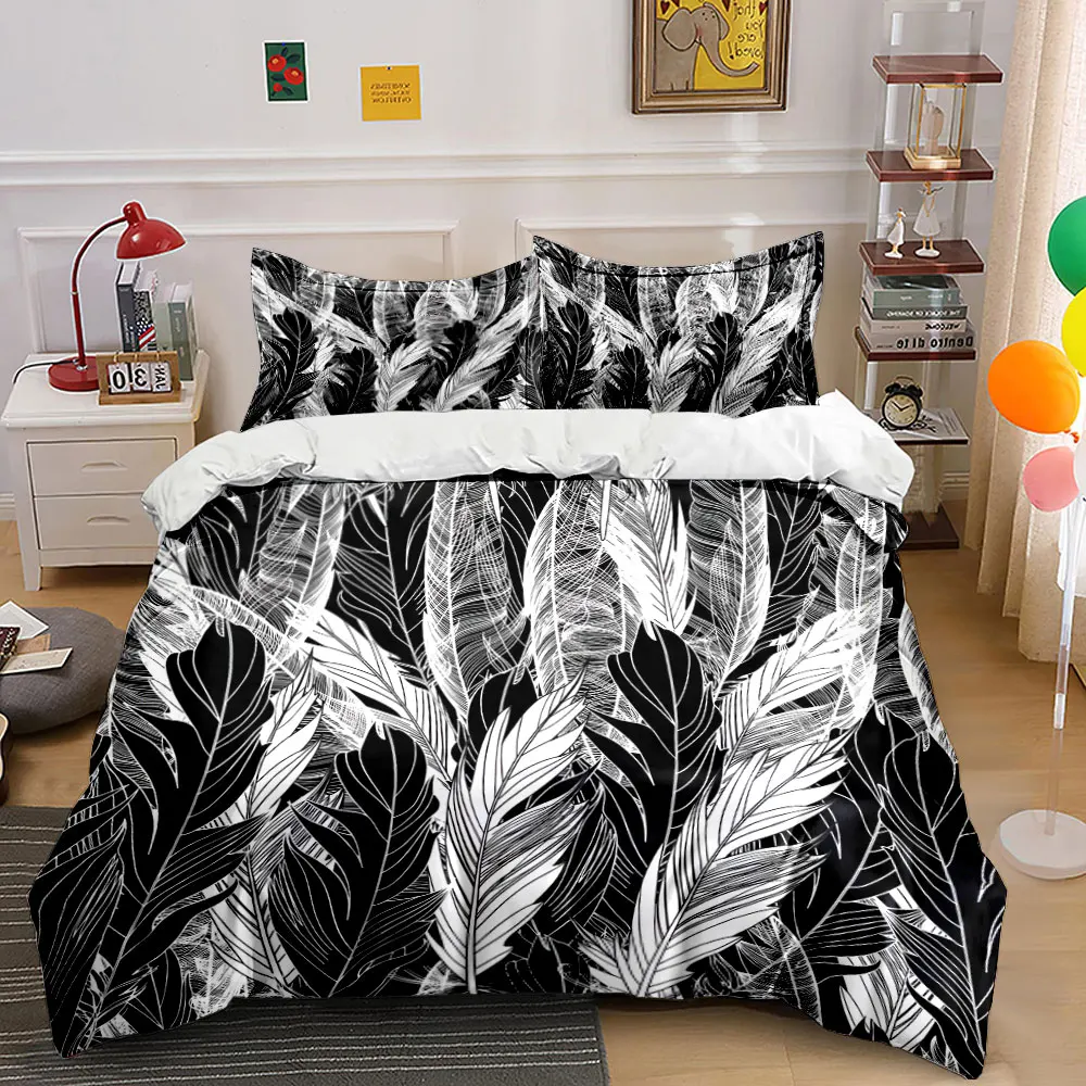 Black and White Feather Pattern Design Duvet Cover Set Digital Print Colorful Polyester Bedding with Zipper Closur for gifts