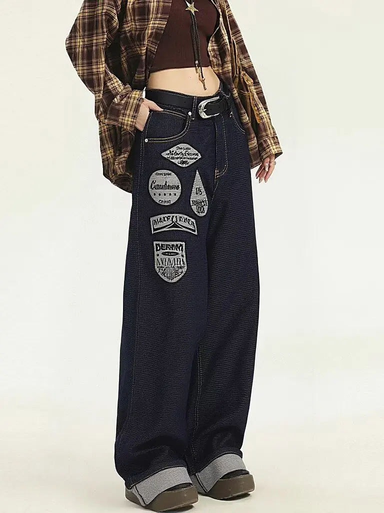 Y2K Women's High Waist Baggy Jeans Vintage Patch Embroidered Wide Leg Denim Pants Streetwear Skate Trousers with Rolled Cuffs