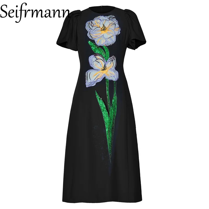 

Seifrmann 2026 Spring Women's New Fashionable Round Neck Short Sleeve Embroidered Waist Cinching Dress ﻿