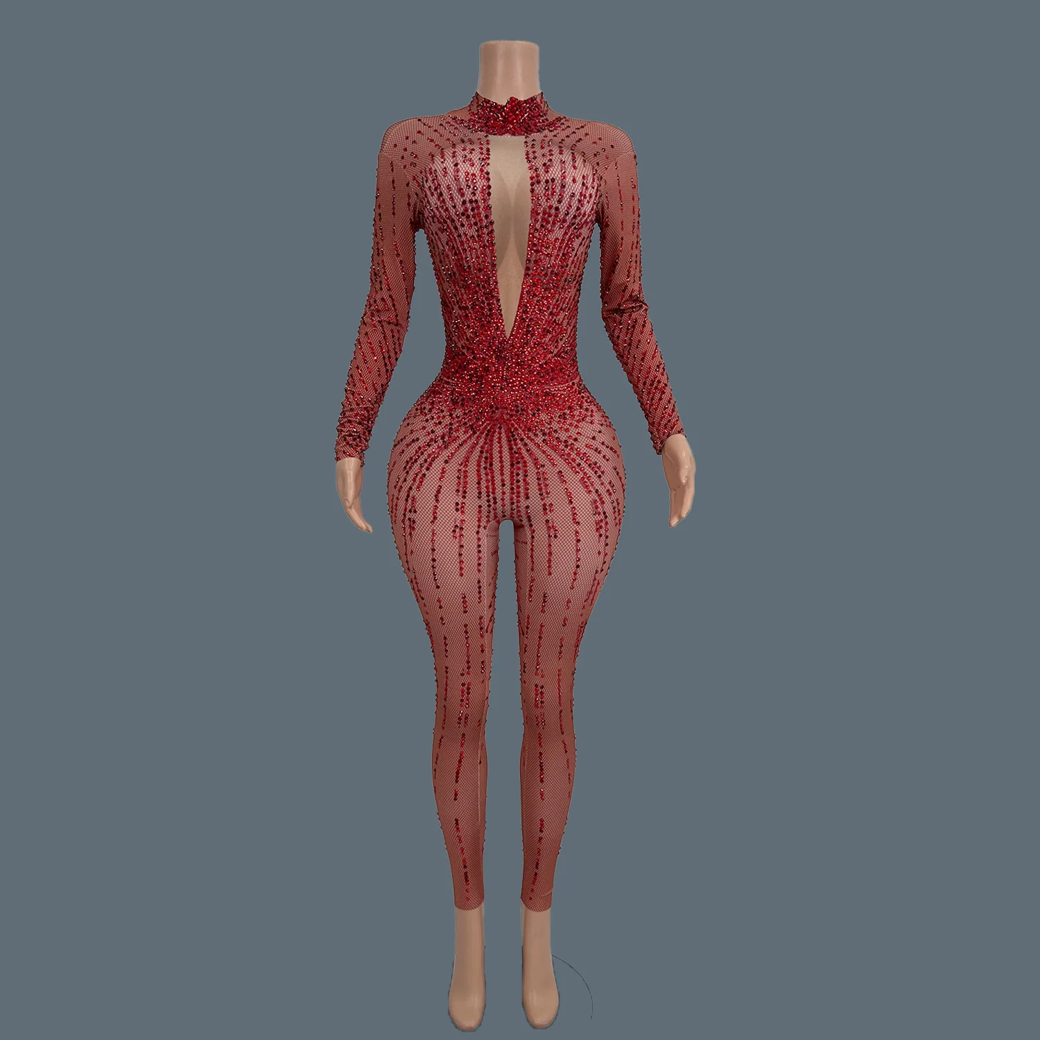 Sexy Red Shine Rhinestone Jumpsuit  For Women Party Nightclub Showgirl Show Pole Dance Wear Luxury Bodycon Leggings Hongyanhua