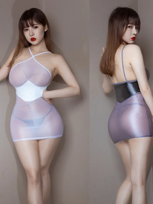 Silky Smooth Glossy Fabric Suspender Transparent High Strecth Dress Ultra Short Perspective Tight Fitting Hip Wrap Dress PZYV