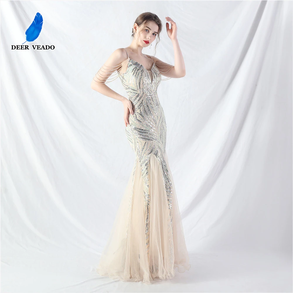 DEERVEADO Luxury Beading Evening Dress Elegant Wedding Party Dresses Woman Mermaid Sequins Dress for Formal Occasion