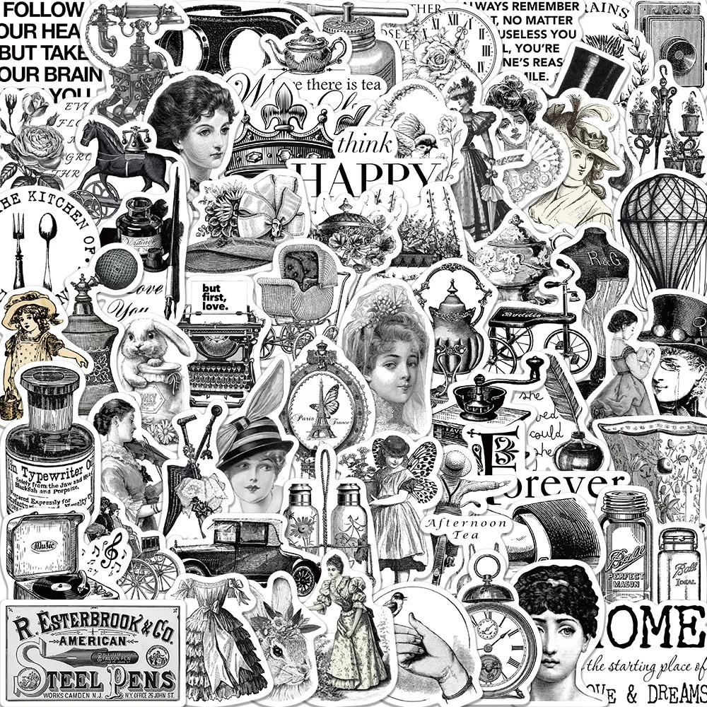 2024 New Black and White European and American Retro Sticker Pack Cartoon Luggage Helmet Guitar Scrapbook Decoration Wholesale