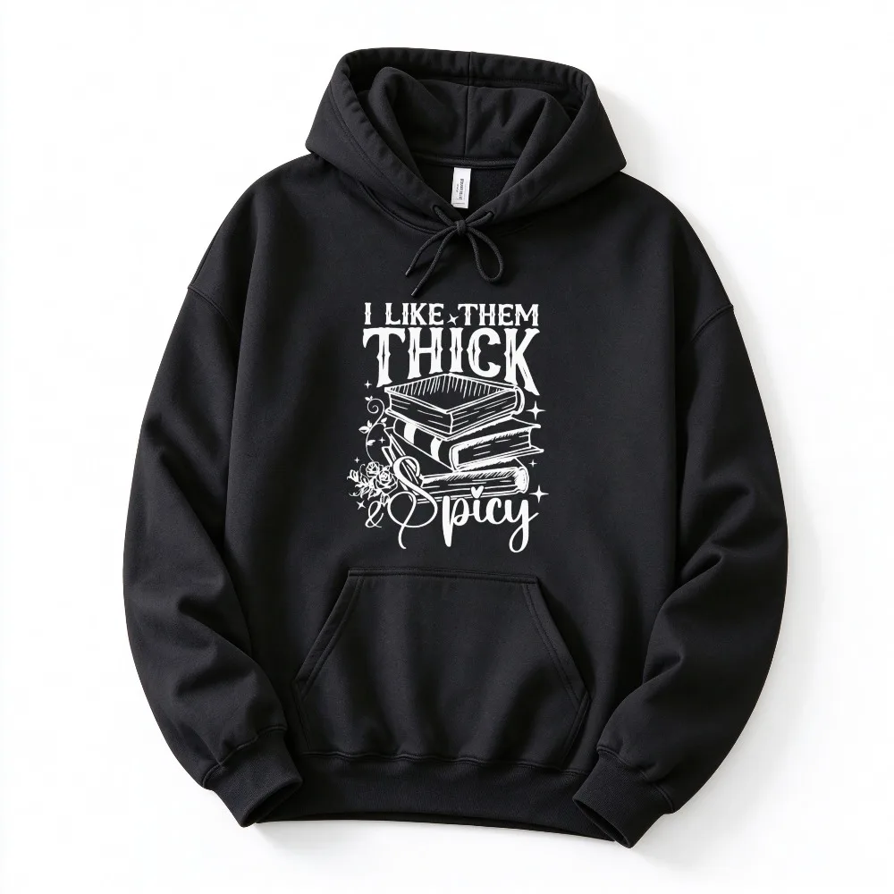 I Like Them Thick and Spicy Book Lover Graphic Hooded Sweatshirt Reading Book Stack Print Pullover Long Sleeve Casual Tops