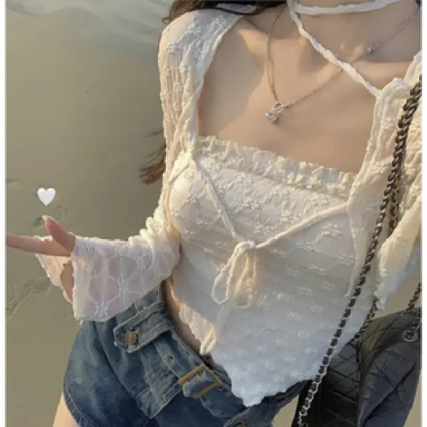 

Women Shirt Bandage Lace Blouses Sexy Sling Vest Outfits Fashion 2 Piece Set Korean Summer Temperament Suit 2024 Ropa Mujer