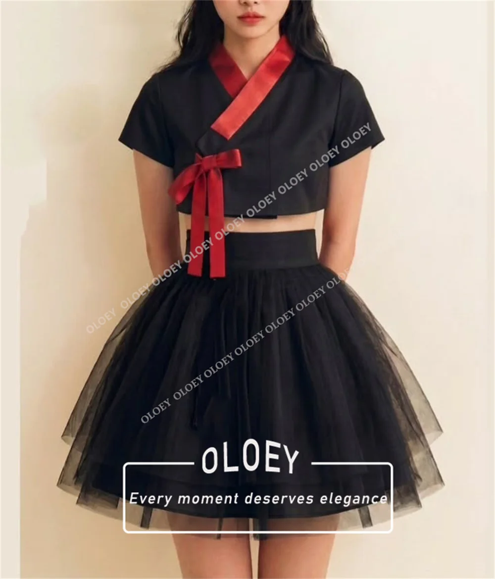 OLOEY Vintage Korean Performance Short Prom Cocktail Dress Set 2 PCS Short Sleeves Satin Top Mesh Mini A-Line Skirt Customized