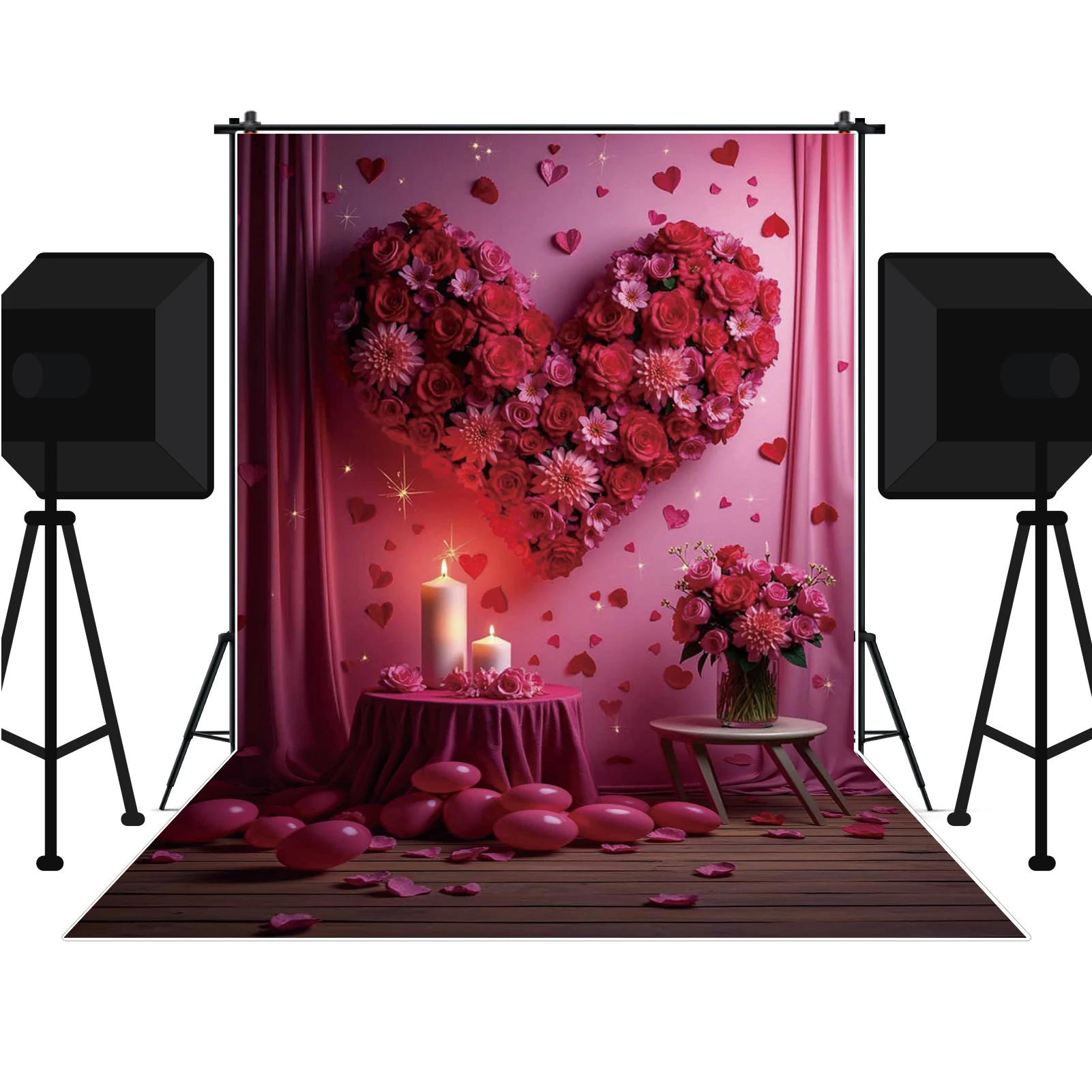 MOON.QG Valentines February 14 Photography Backdrop Curtain Draping Fabric Heart Balloon Photo Background Birthday Decorations