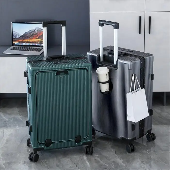 New front opening suitcase multifunctional USB charging luggage cup holder aluminum frame suitcase business 20 inches