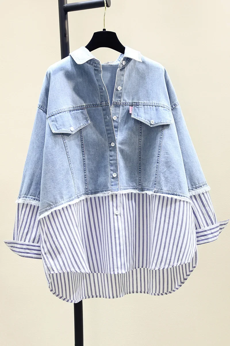 Super aen Fake zwei Turn Down Kragen Denim Shirt Herbst neue Mode lose lässige Streifen Patchwork Frauen Tops