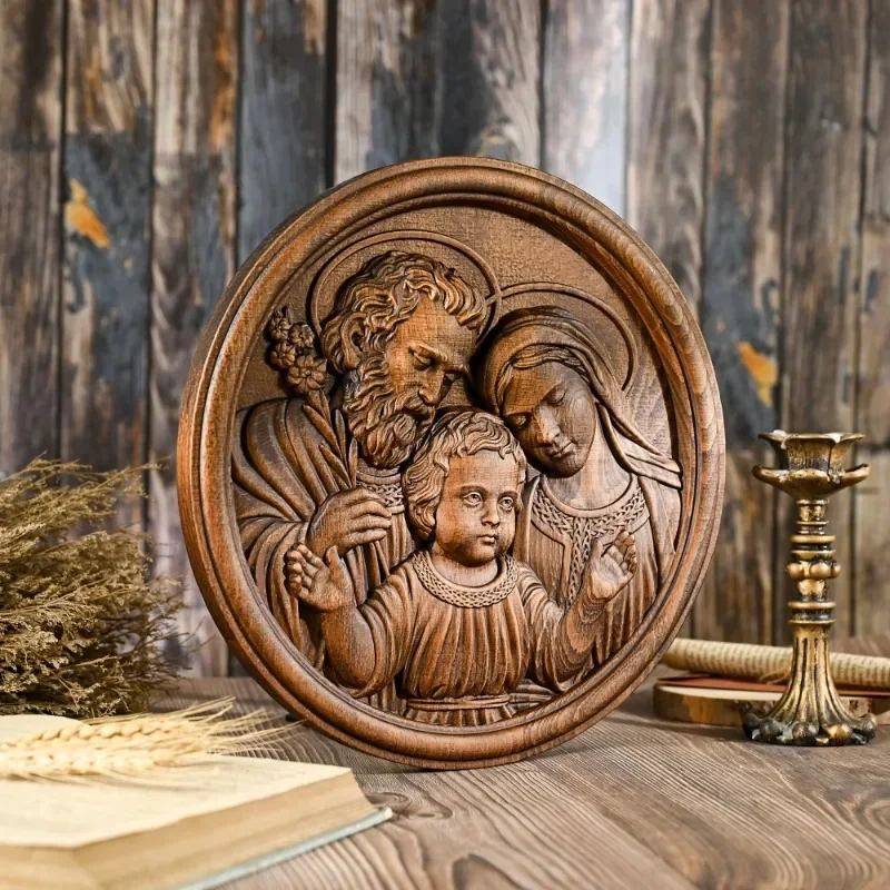 Statuetka Świętej Rodziny Ozdoby rzeźbiarskie w drewnie, Statua Mary Joseph, Dekoracja katolicka Baby Jesus, Rękodzieło na biurko, Prezenty religijne