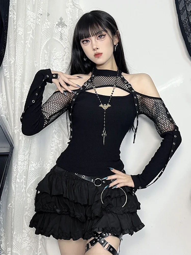 AltGoth Mall Gothic Sexy t-shirt donna Streetwear Harajuku Y2k E-girl Mesh Patchwork scava fuori manica lunga Halter Crop Tee Tops