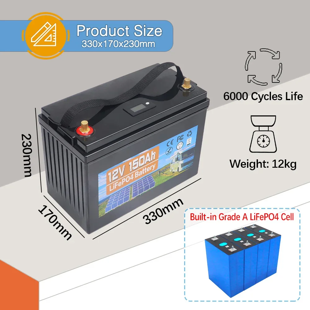 Baterai LiFePO4 12V 150Ah 120Ah 100Ah, siklus 6000 sel fosfat besi Lithium bawaan BMS untuk Keranjang Golf RV berkemah penyimpanan tenaga surya