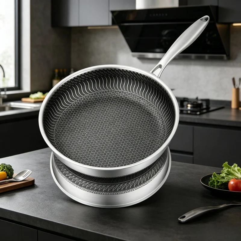 316 Stainless Steel Tri-Ply Honeycomb Wok Pan Double Sided Non Stick Skillet All Stoves Compatible Cookware