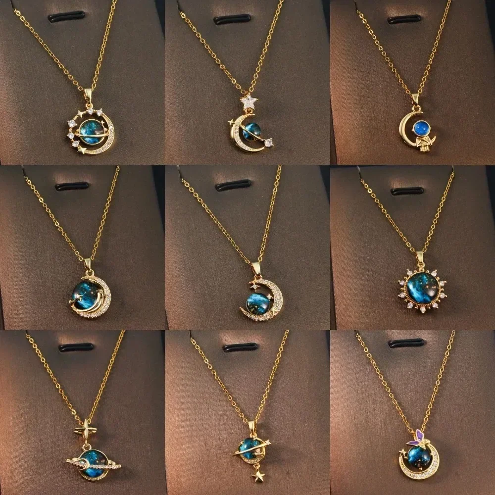 Fashion Planet Moon and Star Opal Pendant Necklace for Women Charm Gold Color Stainless Steel Spaceman Choker Jewelry Accessory