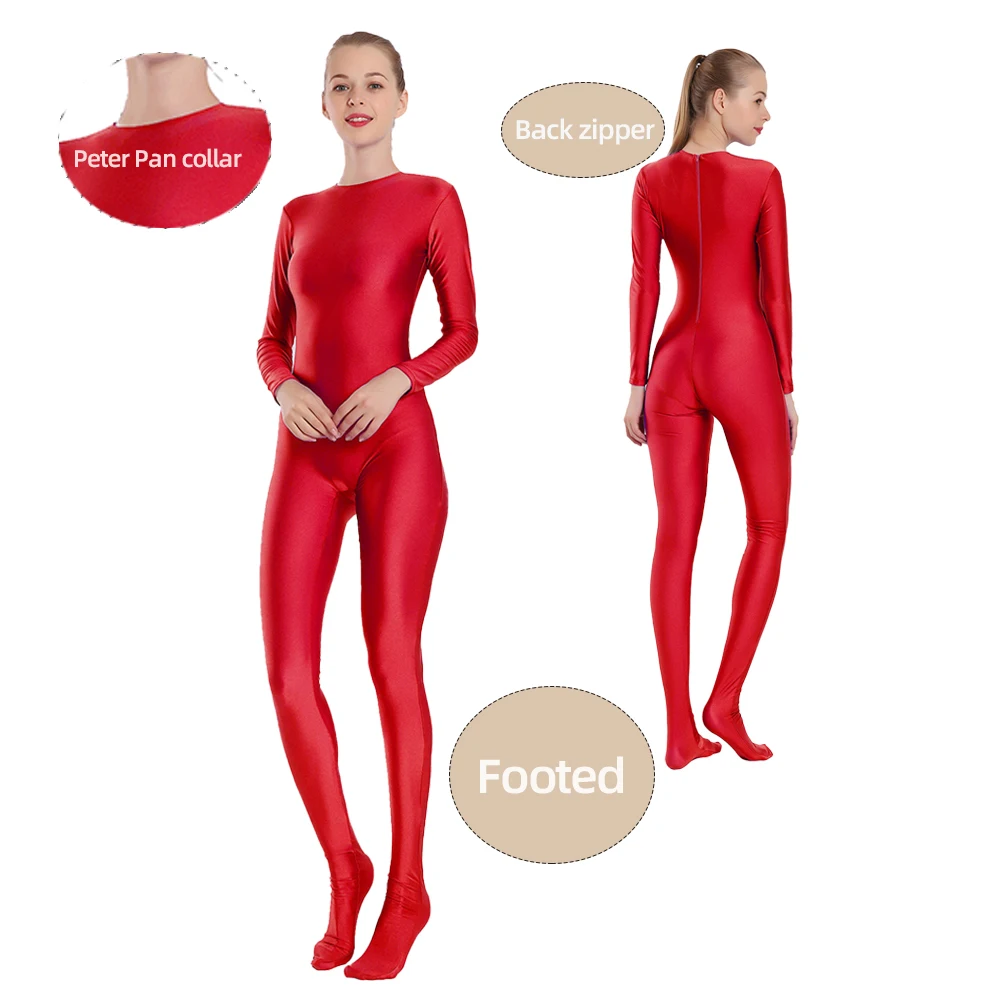 AOYLISEY Red Full Body Zentai Unitards Jumpsuit Long Sleeve Bodysuit Footed Gymnastic Catsuit Girls Skin Tight Halloween Costume