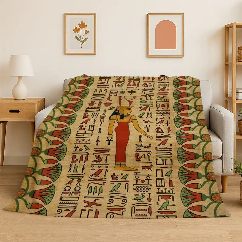 Retro Egyptian Mural Hieroglyphics Symbol Flannel Blanket Soft Warm Throw Blanket for Bedroom Living Room Bed Travel Picnic Gift