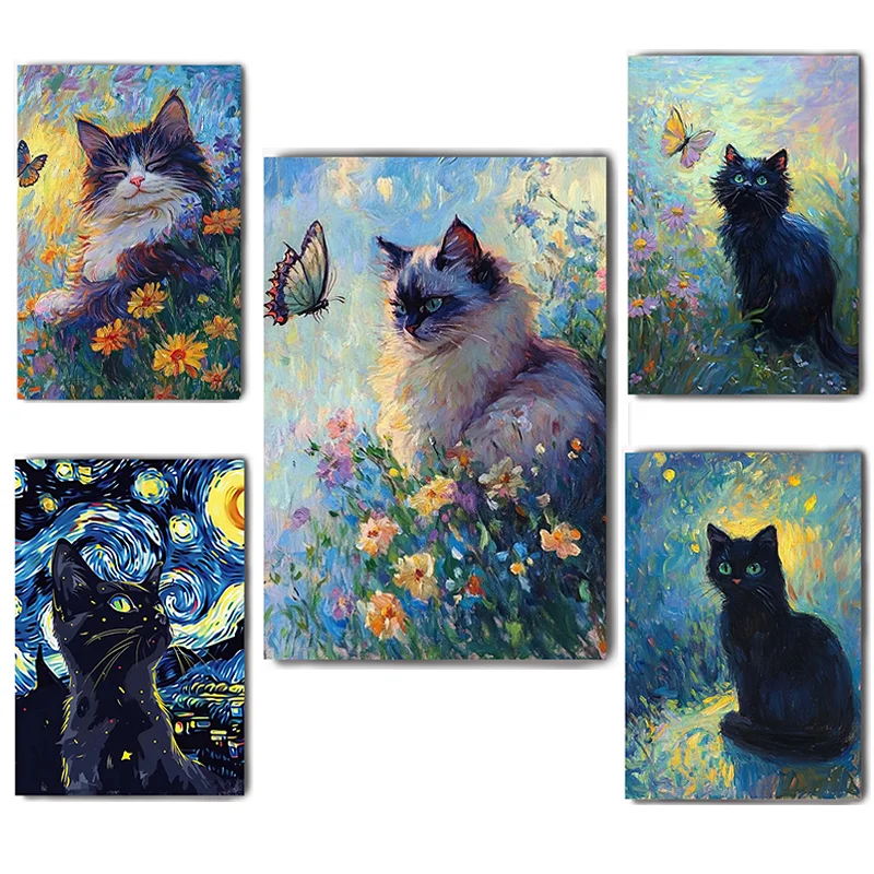 

Funny Cute Cat Famous Paintings Cat With Flowers Poster Van Gogh Monet Girl Gift Home Decor Decorative Painting