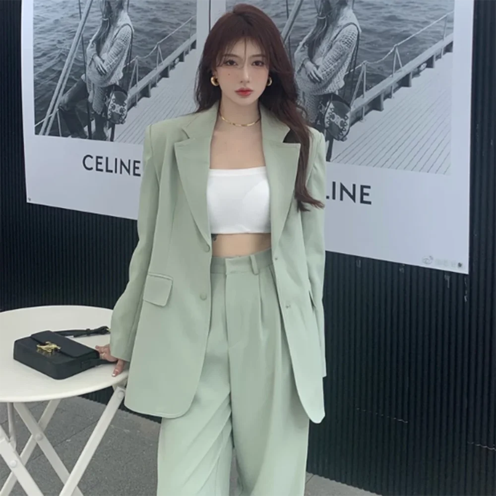 Light Green Brown Women Suits Ensembles Pantalons Single Breasted Peak Lapel 2 Piece Jacket Pants Loose Causal костюм женский