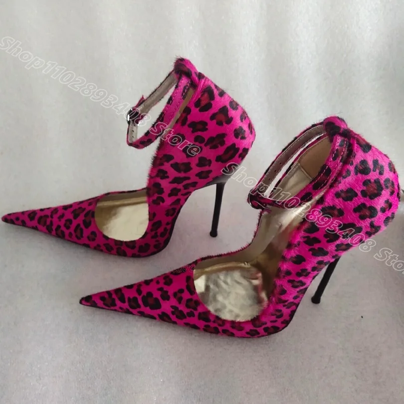 Rose Red Leopard Print Sexy Pumps Pointed Toe Flock Ankle Buckle British Style Party Casual Women Shoes 2024 Zapatos Para Mujere