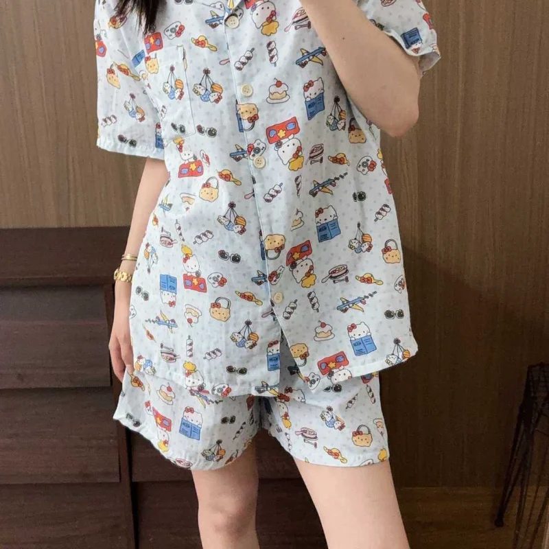 

Sanrio Hello Kitty Cute Pajamas Shorts Short Sleeve Sleepwear Summer Nightgown Student Nightwear Casual Home Clothes New Product