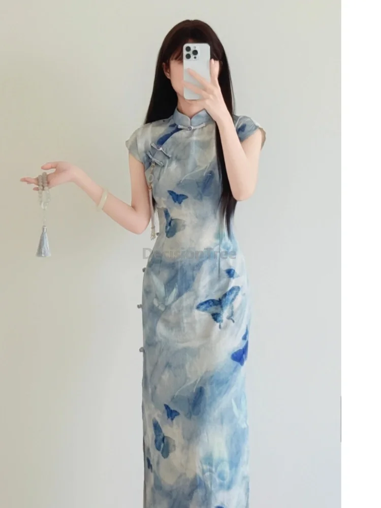 

New Chinese-style Blue Gradient Dress Vintage Summer Women Buckle Long Qipao Daily Improved Leisure Slim Slit Cheongsam