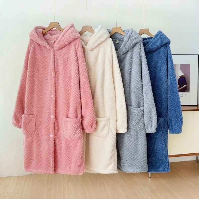 

Winter Solid Color Nightgown for Women with Hooded Long Trousers Plus Velvet Thickened Couple Cardigan Bathrobe