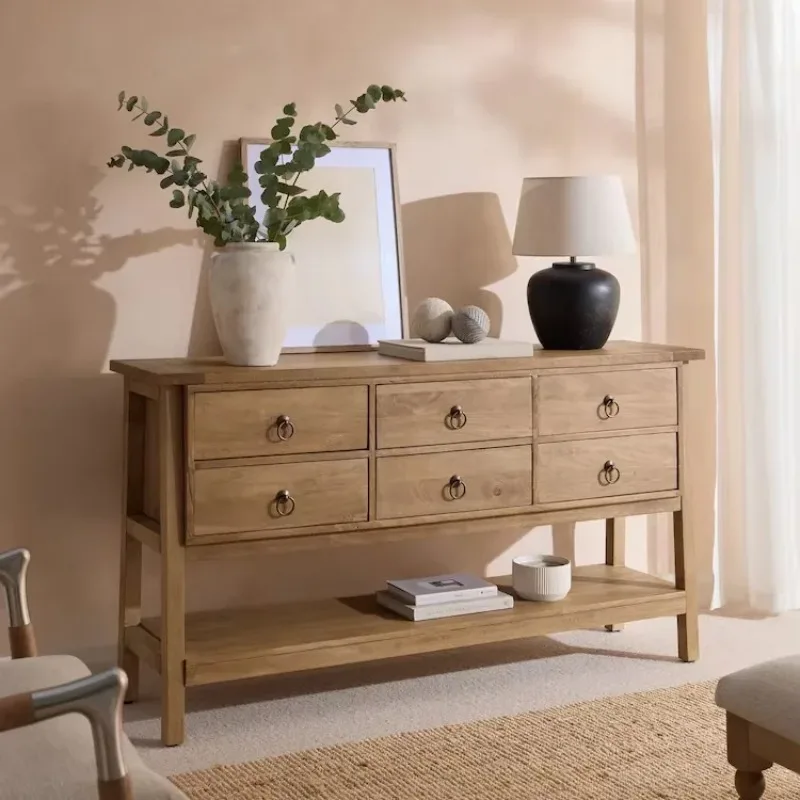 Natural Finish Holz Side Board Für Wohnzimmer 6-Schubladen Buffet Schrank Mit Regal 6-Schubladen Buffet Schrank Mit Regal Darunt