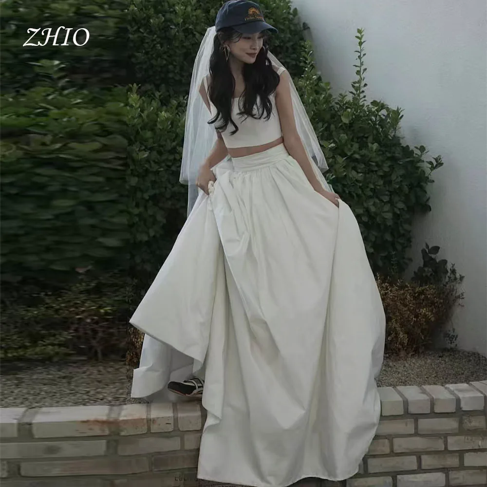 ZHIO Simple 2PCS Wedding Party Dress Spaghetti Straps Ivory Satin A-Line Korea Photo Shoot Bridal Reception Gown Customized