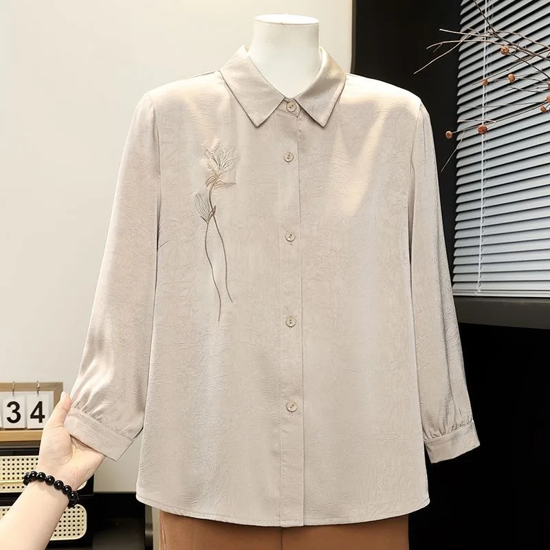 Mature Women Spring Autumn Floral Embroidery Blouse Thin Loose Elegant Mom Long Sleeve Casual Shirt