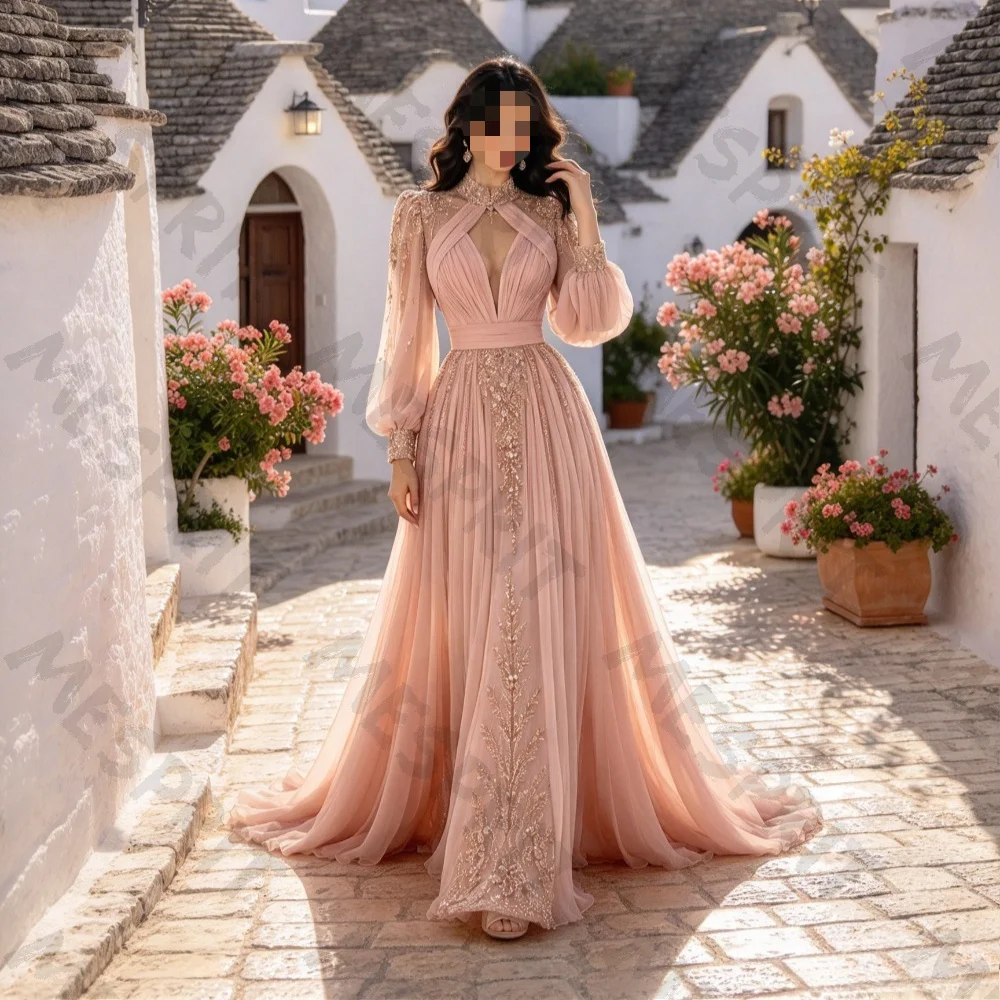 Customized Romantic Pink High Neck Evening Gown 2026 New Chiffon Long Sleeved Floor Length Pleated Skirt Suitable for Banquets