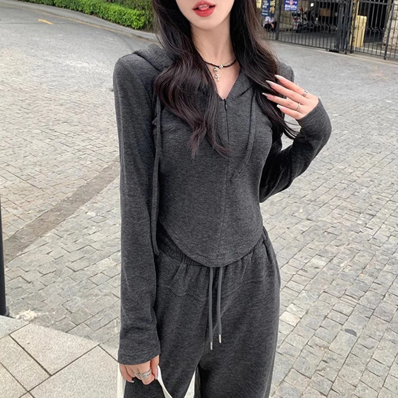 

Autumn Solid Color Knitting Pants Outfits Women Fashion Hooded Zipper Cardigan Sweater Trousers Suit Knitwear Ensemble Casual
