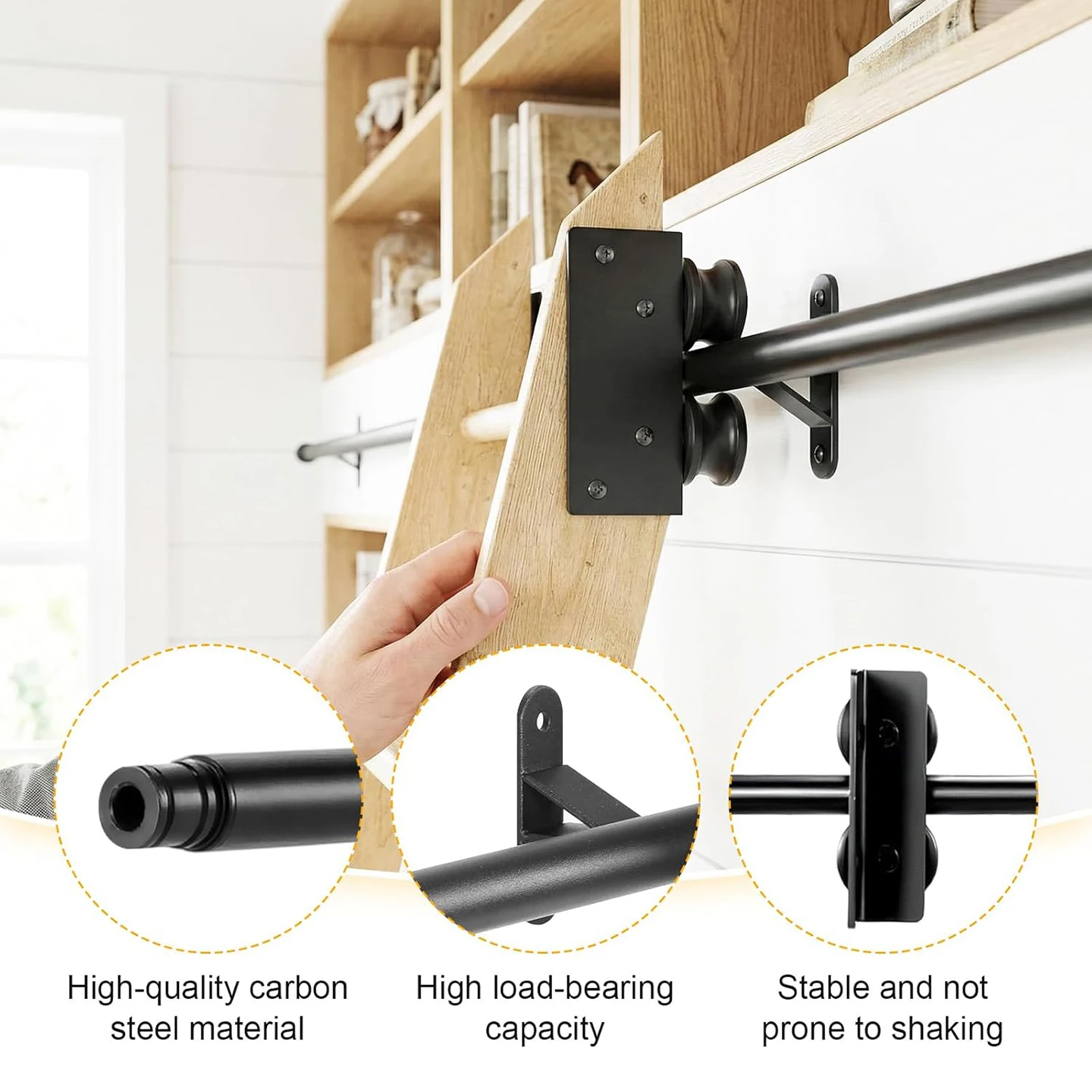 Sliding Library Ladder Hardware Kit 10FT (300cm), Black Retractable Rolling with Braking Casters, Adjustable to Stand Upright, M