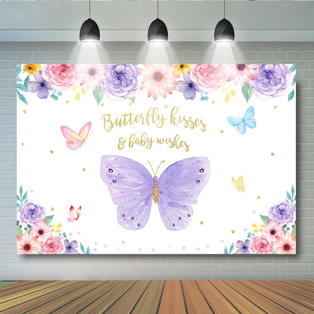 Butterfly Kisses and Baby Wishes Birthday Backdrop for Photography Watercolor Flowers Newborn Dessert Cake Table Decoration