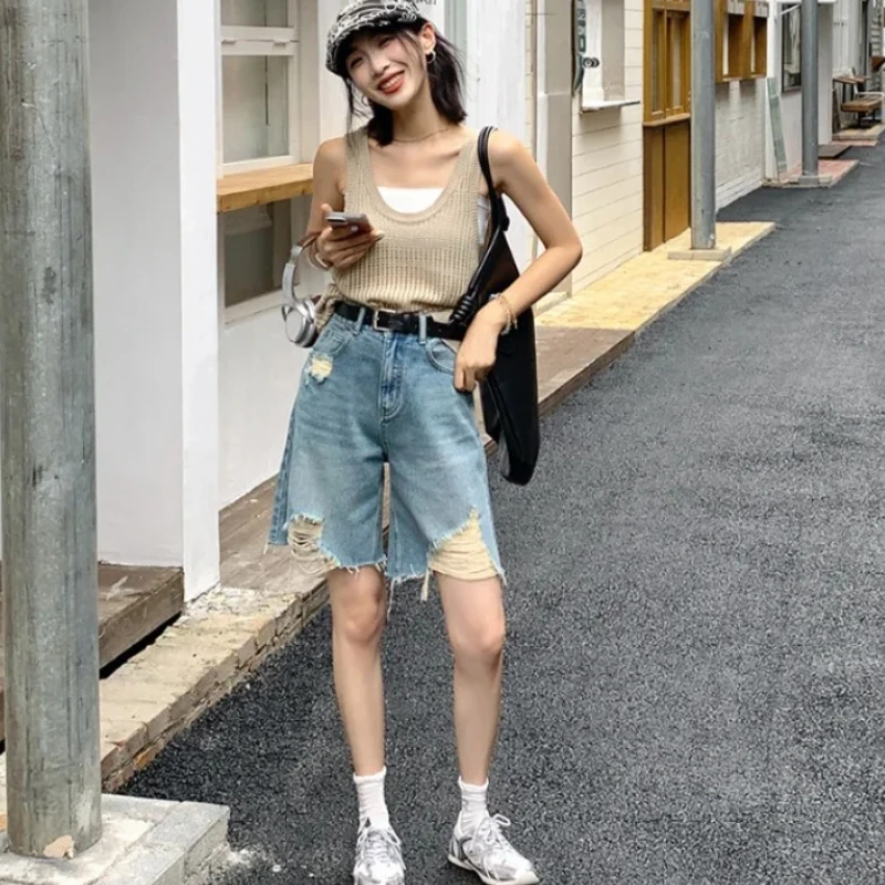 

Y2K Хип-хоп High Street Джинсы Шорты Летние мешковатые универсальные широкие короткие брюки Женские винтажные джинсовые шорты с дырками и поясом