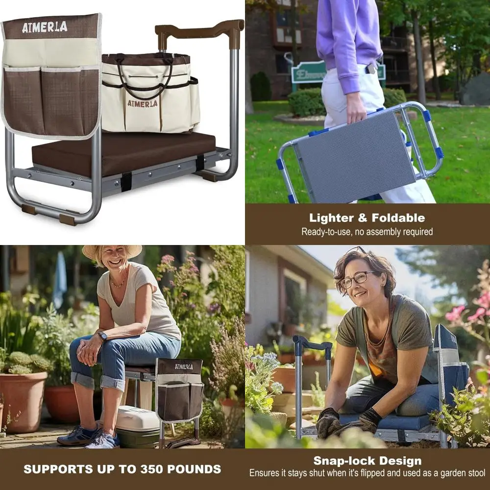 Asiento de rodillera plegable de alta resistencia con cojín desmontable, taburete de jardín, 2 bolsas de herramientas grandes, banco portátil para actividades al aire libre