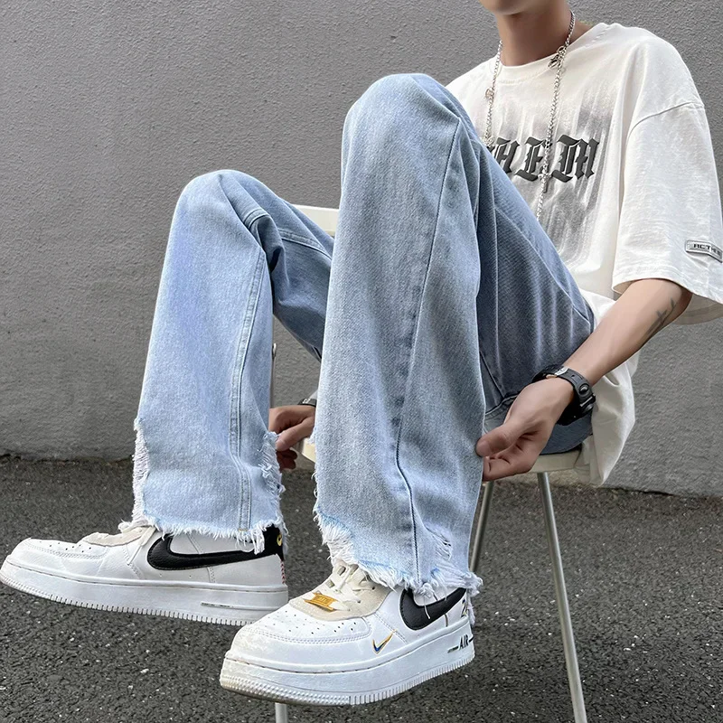 Mens Design Retro Jeans Worn Out High Waist Ripped Baggy Jeans Man Straight Pants Hip Hop Jeans Vintage Streetwear