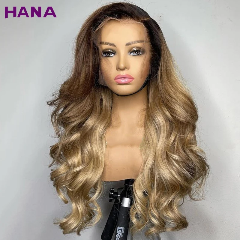 Peluca de cabello humano con encaje Frontal transparente, pelo rubio ceniza degradado con raíces marrones de color 13x6, onda prearrancada corporal,