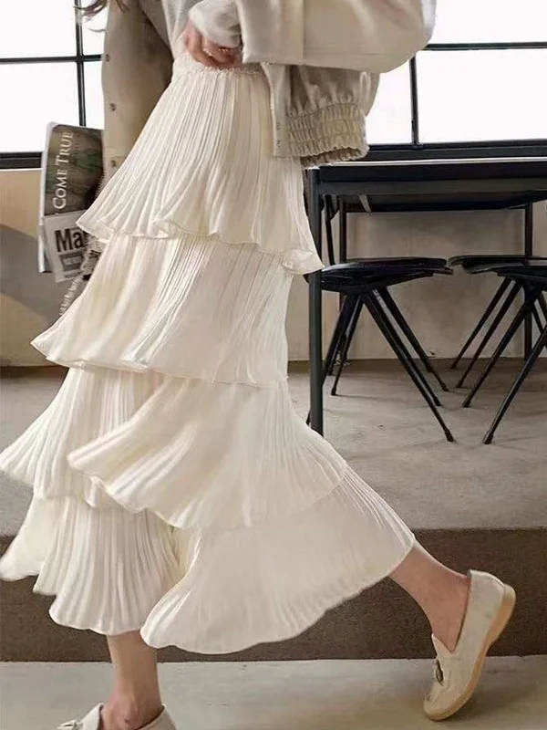 Gonna a pieghe con orecchie in legno Vita elastica Torta Sle f-lunghezza Streetwear da donna Gonna a vita media con giuntura in puro colore