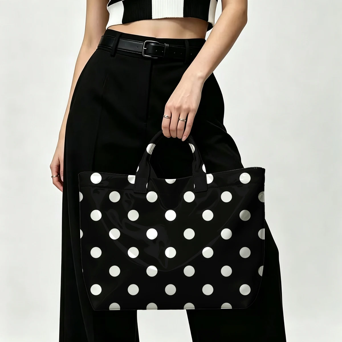 Black and White Polka Dots Fashion Bag Transparent PVC Waterproof Handbag Large Capacity Daily Commute Shoulder Tote Mummy Bag