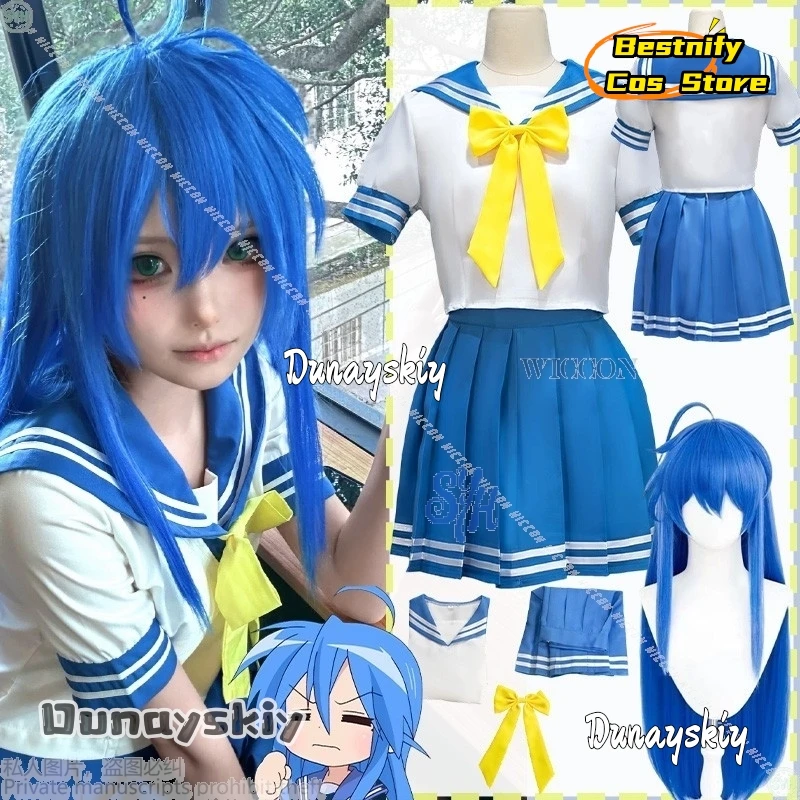 Disfraz de estrella de Anime de la suerte, disfraz de Izumi Konata {Bestnify Cos} traje de marinero escolar azul japonés Loli JK, vestido bonito y encantador para Halloween